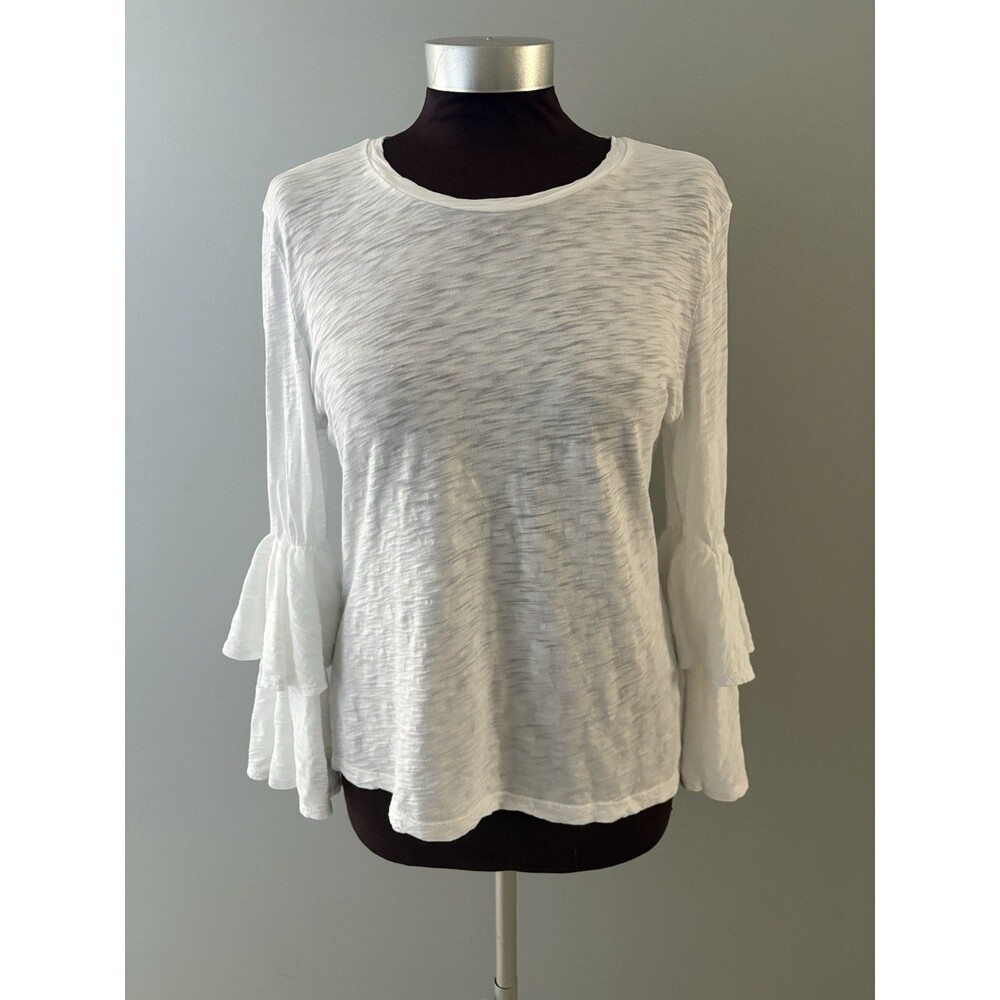 Goldie Lewinter Tees Sz L White Signature Slub Double Bell Sleeves Semi Sheer